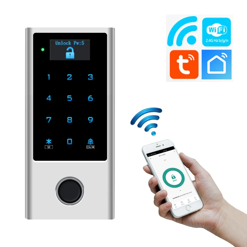 Leshine 500 Users Fingerprint WiFi OLED Display Touch Keypad Access Control EM MF Cards PINs Tuya APP for iOS Android Phone
