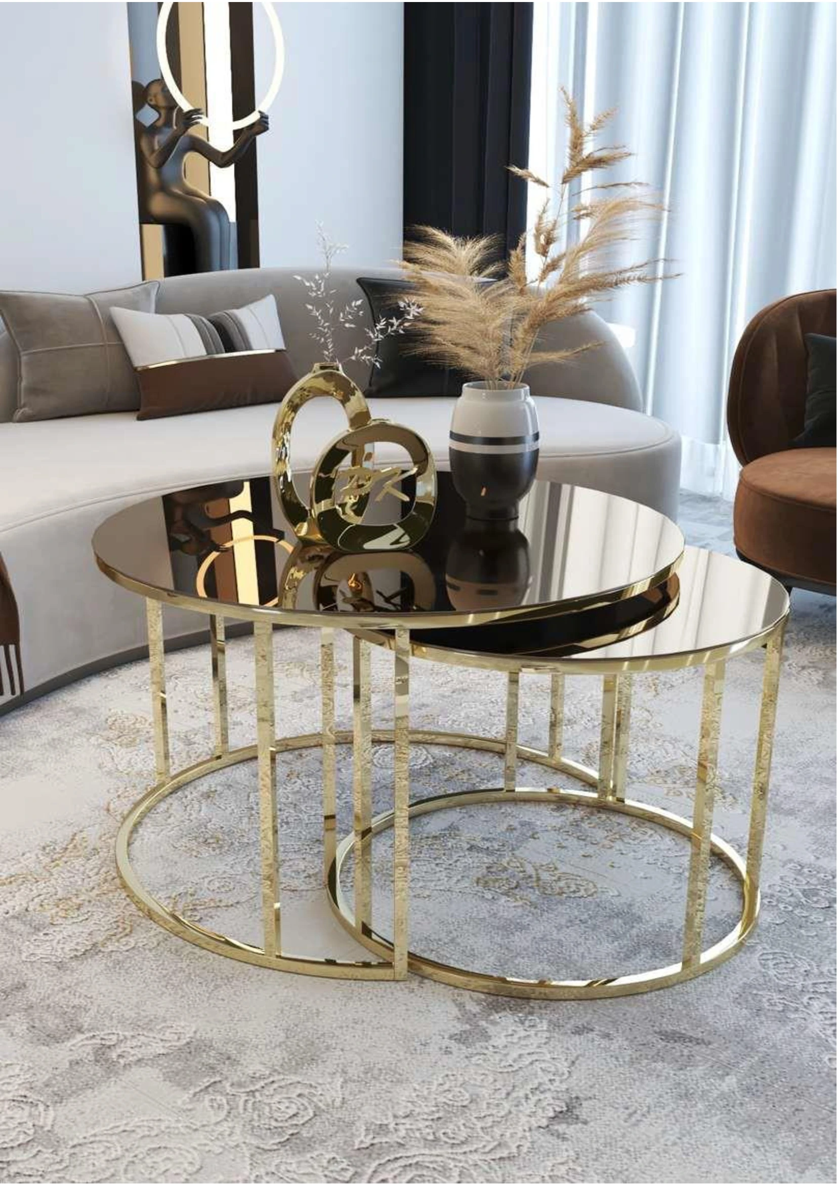 DOUBLE SET MODEL GOLD, SILVER METAL BRONZE, SMOKED GLASS TEA DINING TABLE HALL HOBBY ARTISTIC MODERN DECORATIVE COFFEE TABLE