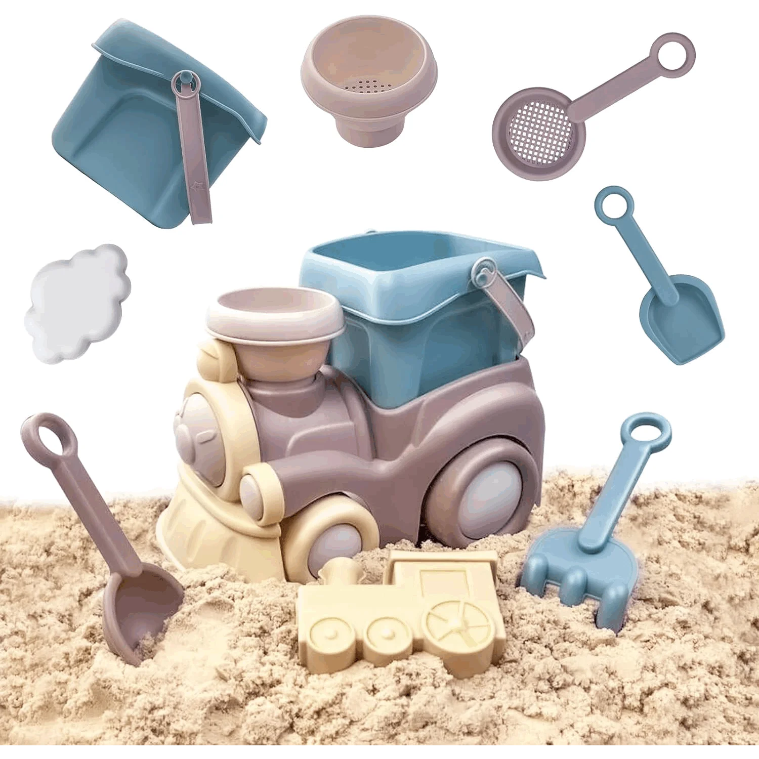 Beach Toys Set Includes Beach Truck, Bucket, Shovel, Rake, Scoop, Trowel, Sandbox Toys, Random Color