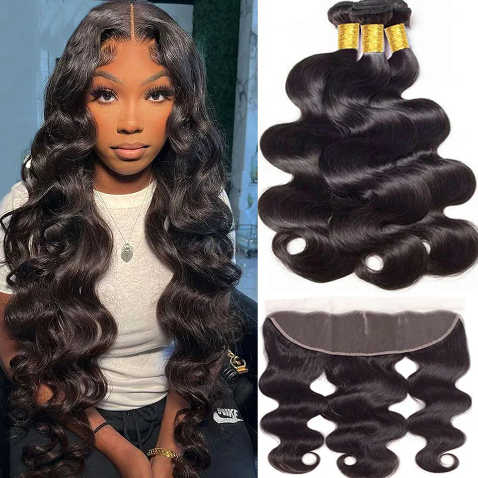 Brazilian Hair Weave Bundles Body Wave 28 30 32 inches 3 Bundles with 13x4 Frontal Virgin Remy Human Hair Bundles Hair Extension