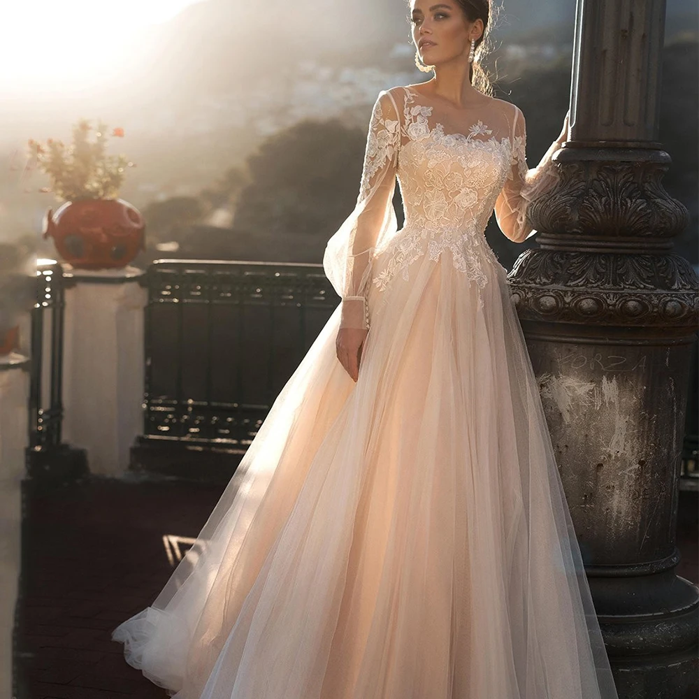 

Classic O-Neck Tulle Applique Wedding Dress Illusion A-Line Floor Length with Buttons Romantic Long Sleeve Bridal Formal Gowns