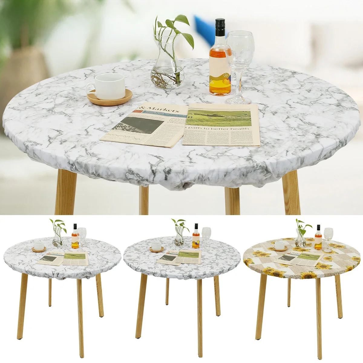 Waterproof Round Tablecloth Elastic Fixation Edged PVC Table Cover Flannel Backed Table Pad Oil-Proof for Dining Table Kitchen