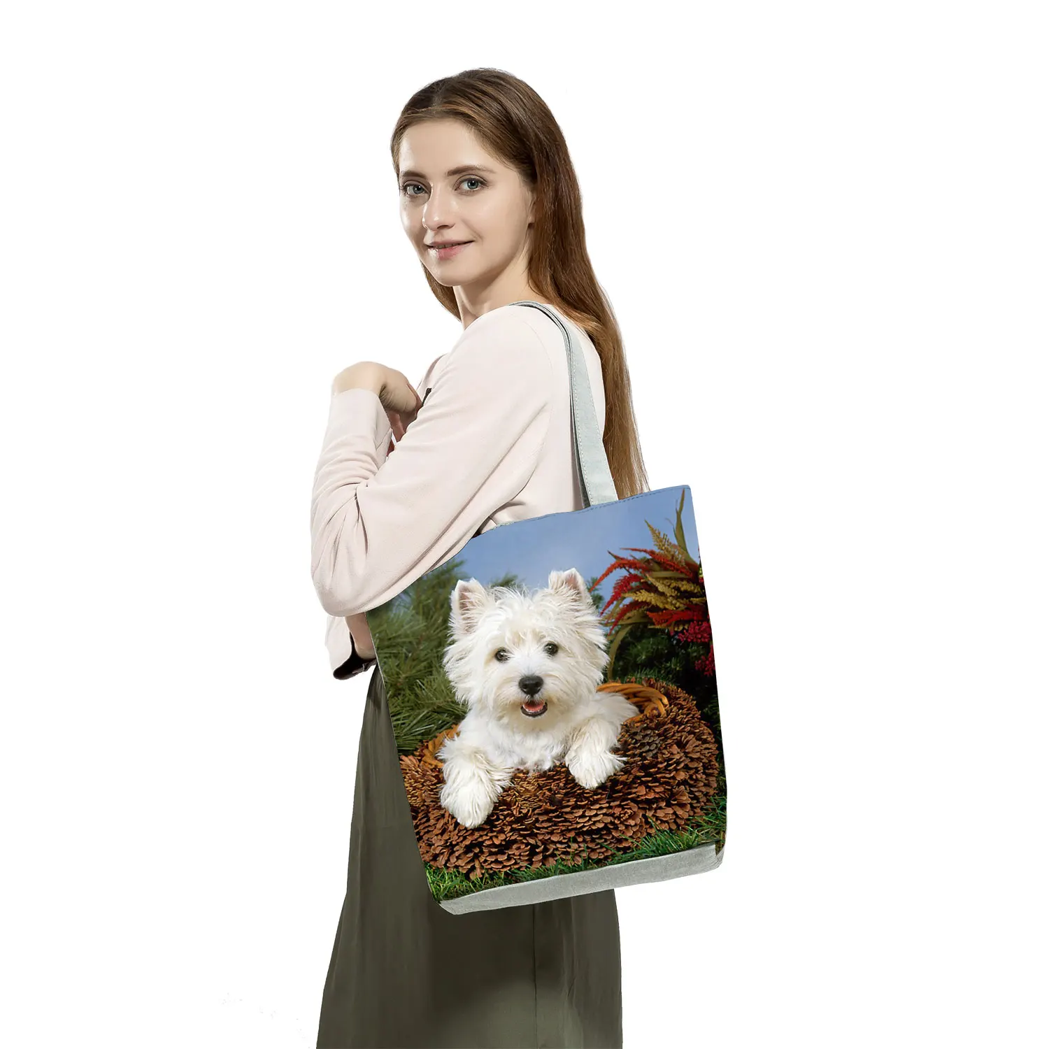 Customizable Cute West Dog Handbags For Women Groceries Pug Retriever Shopping Bags Foldable Animal Large Capacity Shoulder Bag