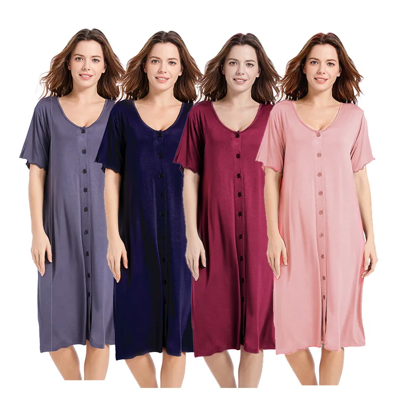 Modal Short-sleeved Mid-length Sleep Tops Night Dress with Button for Women Nightgowns Modal Cardigan Plus Size Sleep Dress