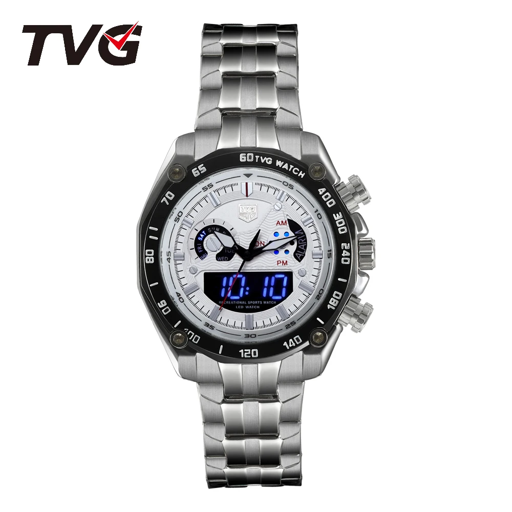 TVG Luxury Brand Man Analog Digital Leather Sports Watches Army Military Quartz Clock Relogio Masculino 2PCS/lot Business Gift