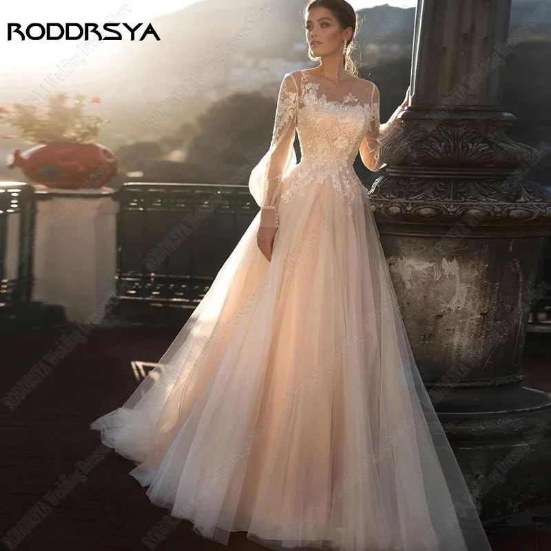 RODDRSYA-Vestidos De novia con cuello redondo para mujer, Vestidos De novia De encaje, mangas largas De linterna, línea A, 2023