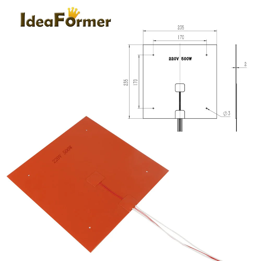 235*235mm Silikon Heizung Pads 220V 500W Effiziente Klebstoff Gummi Wärme Matten Wasserdichte Flexible Heizung 3D drucker Zubehör