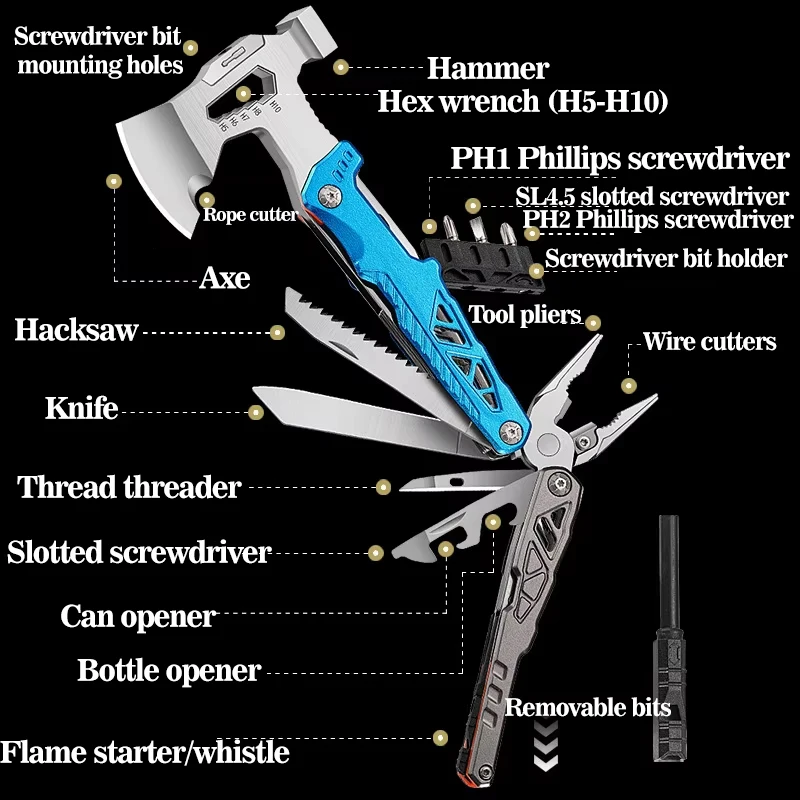 Multi Purpose Outdoor Wrench Axe Hammer Pliers Folding Hammer Window Breaking Escape Hammer Outdoor Camping Portable EDC Tool