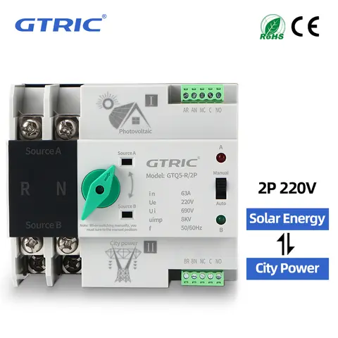 GTRIC Dual Power Automatic Transfer Switch 2P DIN Rail ATS PV Inverter AC 230V Selector Switches Uninterrupted 63A 100A 125A