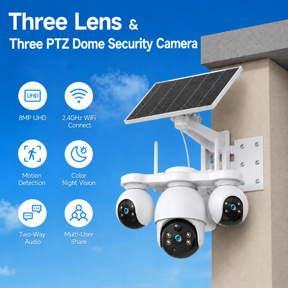 V380 Pro WiFi Solar Camera 3Lenses Outdoor 8MP 4K Low Power 