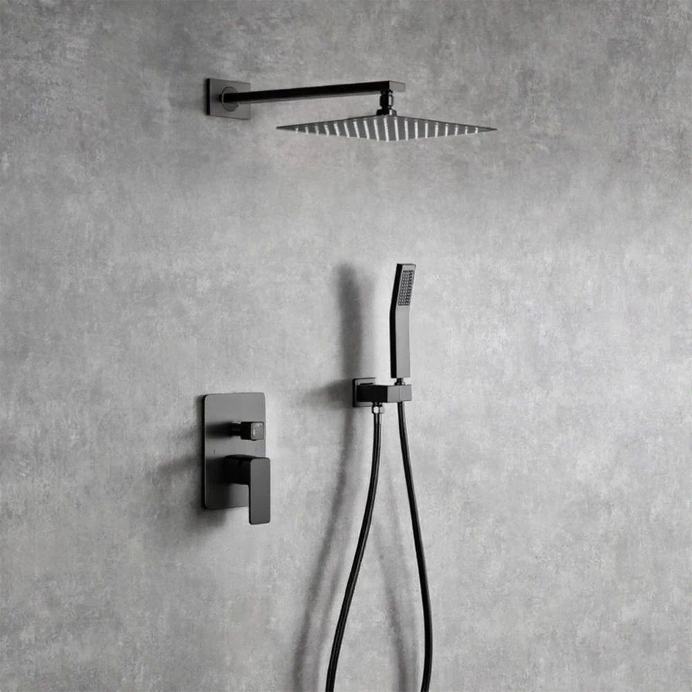 Concealed Shower System Gunmetal Brushed Gray Brass Wall Mounted Rainfall 10 Inch Head Handheld 2 3 Function Mixer Valve Faucet