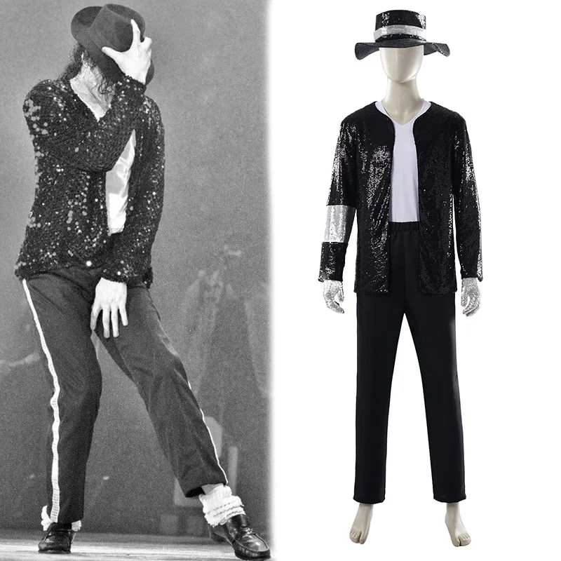 Conjunto de Disfraz Billie Jean con Chaqueta de Lentejuelas Negras para Adultos, Atuendo de Estrella de Discoteca de los 80, Disfraz de Cosplay del Rey del Pop Michael Jackson para Hombres y Mujeres