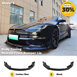 Newish Splitter For Tesla 2023 Model S Carbon Fiber Front Bumper Spoiler Lip Body Kit Deflector Chin Guard Cover Modified Tuning