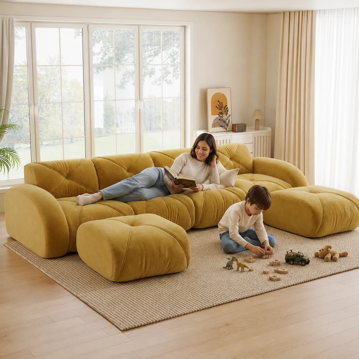 U-förmiges Modulsofa aus weichem Chenille-Stoff rahmenloses 4-Sitzer Kombinationssofa Set mit 2 Hockern 358 cm breit 32D hochdichter Schaumstoff kein Aufbau nötig für Wohnzimmer Gelb