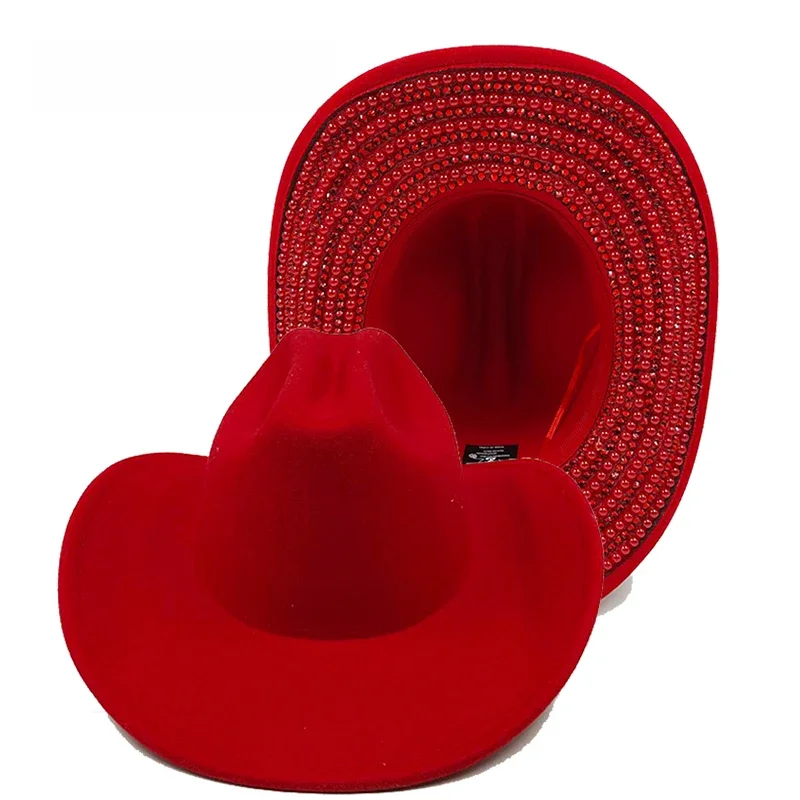 Red Pearl Patch Cowboy Hat Męski i damski kapelusz z kryształkami Fedoras Stage Party Hat Modny, wszechstronny kapelusz podróżny 2024 Nowość — zdjęcie 2