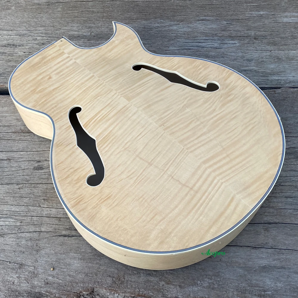 Unfinished Full Hollow Body with Flame Maple Top, Single Cut, F Holes, DIY Electric Guitar, Free Shipping