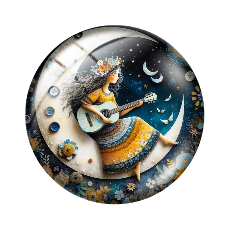 Moon Guitar Girl 10pcs 12mm/16mm/18mm Round Photo Glass Cabochon Demo Flat Back Making findings