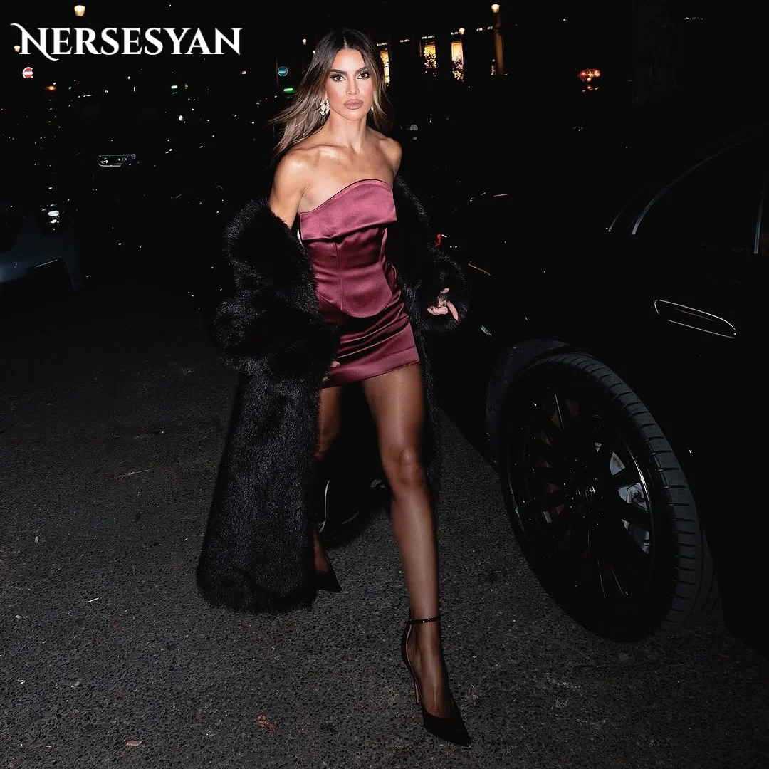 

Nersesyan сексуальные фиолетовые атласные платья для выпускного вечера с открытыми плечами, драпированный корсет, мини-платье для гостей, женские коктейльные платья 2026 по индивидуальному заказу