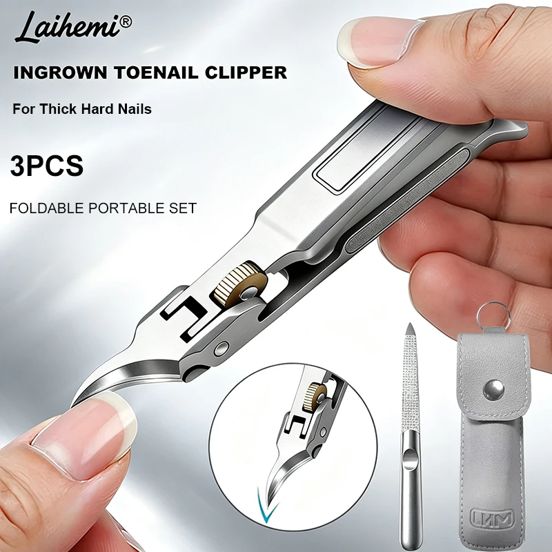 Laihemi Foldable Ingrown Toenail Clipper Set for Thick Hard Nails Adjustable Stainless Steel Pedicure Tool with File Case
