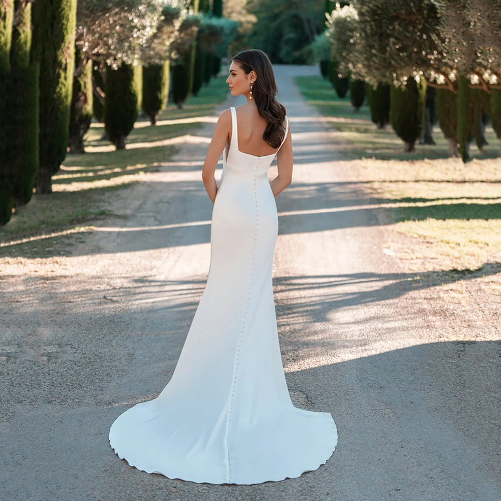 Customized Civil Wedding Dress Satin Mermaid Bridal Dress Square Neck Sleeveless Back Button Sweep Train Brides Gown