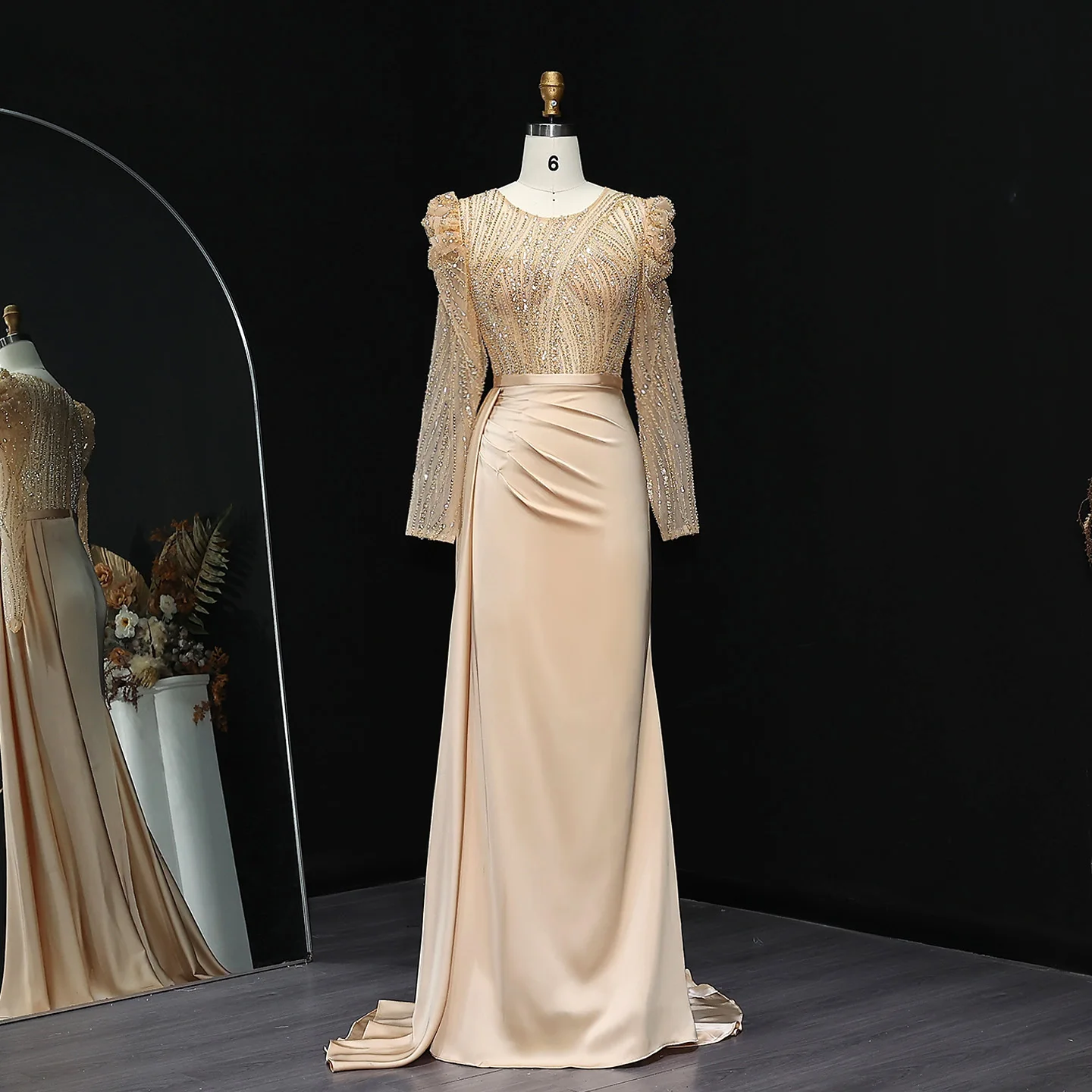 Sharon Said Elegantes blaues Meerjungfrau-Abendkleid mit langen Puffärmeln für die Hochzeit, goldenes langes formelles Gast-Partykleid SS072 Maßgeschneidert