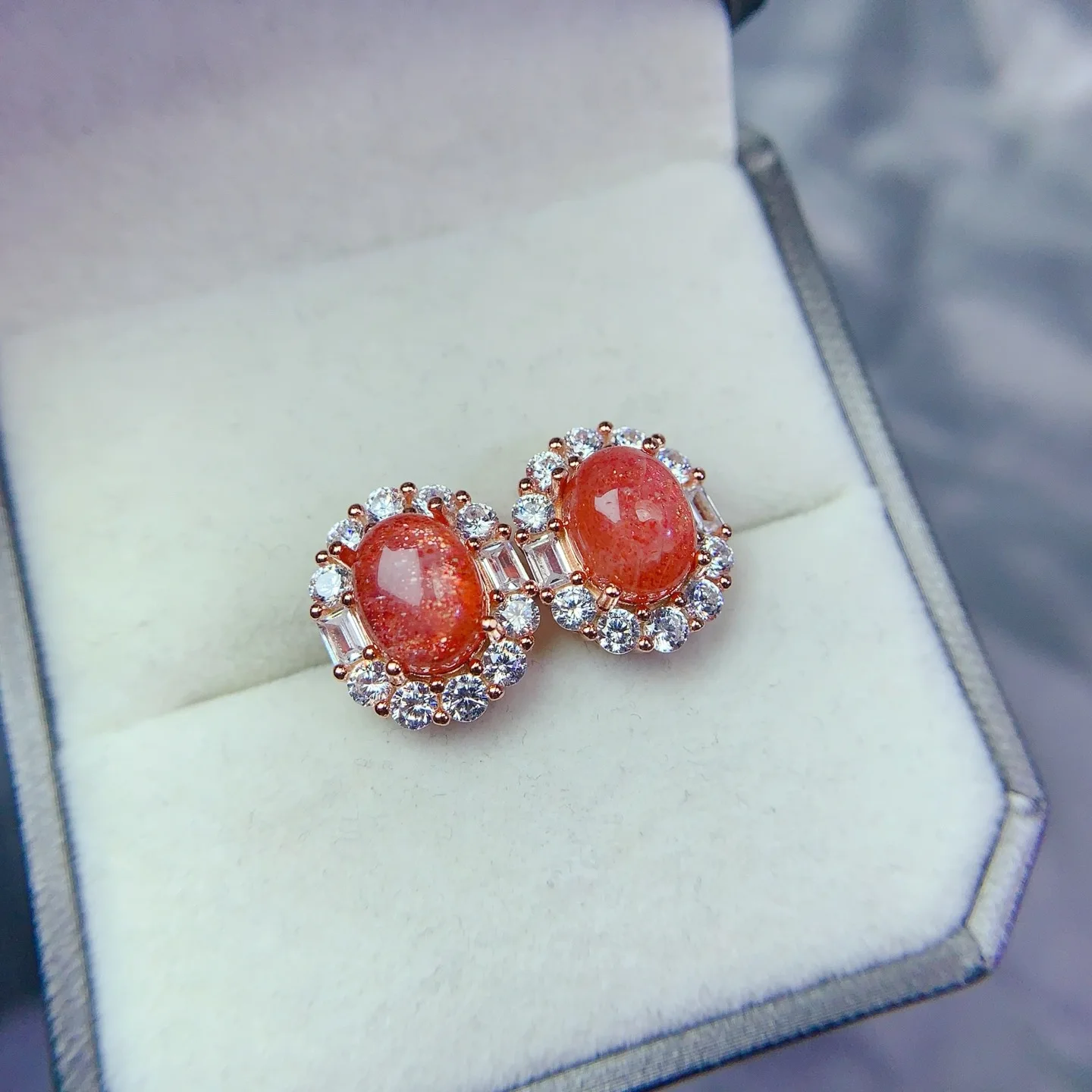 KJJEAXCMY Boutique Jewelry Girls' Natural Sunstone Gemstone Earrings 925 Pure Silver Electroplated Rose Gold Christmas Gift