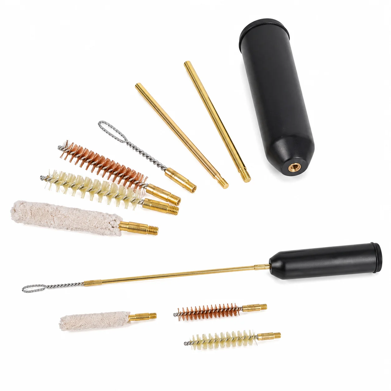 Kit de Cepillos de Limpieza Compactos con Tubo de Almacenamiento, Varillas de Extensión de Latón, Cabezales de Cepillo de Algodón Bronceado Plástico para el Cuidado de Tuberías, Boquillas y Ductos