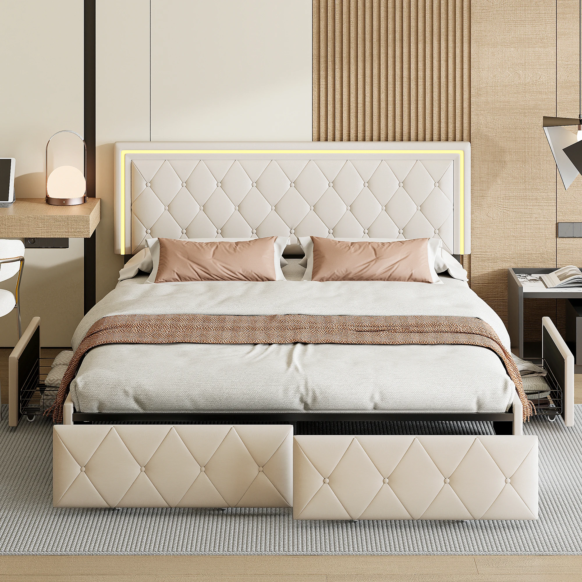 Lit double 160x200 avec sommier à lattes, lit double capitonné 160x200 avec espace de rangement, PU, ​​sans matelas