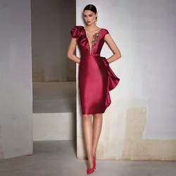 Red Jewel Neck Mother Of The Bride Dresses Sheath 2023 Evening Dresses Knee Length Elegant Short Sleeves Wedding Party Dress