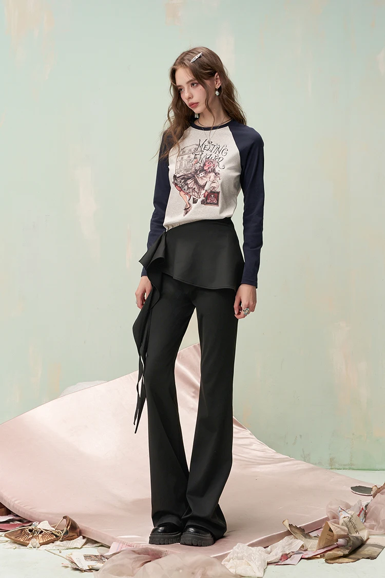 ELFSACK Y2K Flare Pants with Detachable Front Skirt, Stretchy Knit Sweet Trousers, Casual Streetwear Bottoms for Women