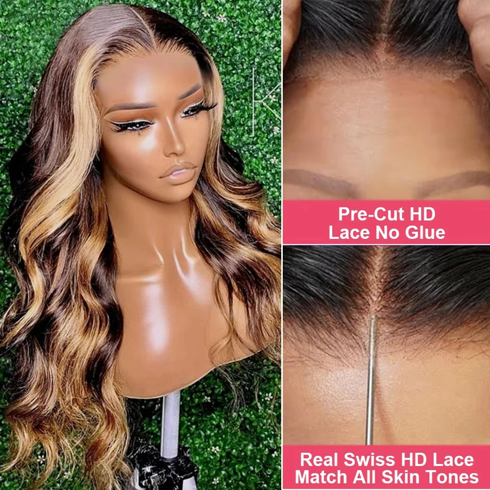 Highlight Wig 100% Human Hair Body Wave 6x4 Glueless Wig PrePlucked Honey Blonde Lace Front Wigs Human Hair Glueless Wig Wear Go