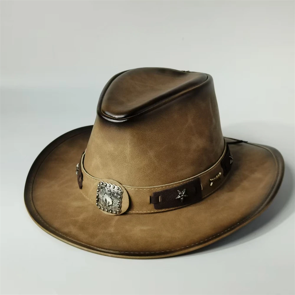 

Western Cowboy Hats for men Ethnic Faux Leather cowboy Hat Adjustable brim Women Hats Windproof vintage caps sombrero Big Size