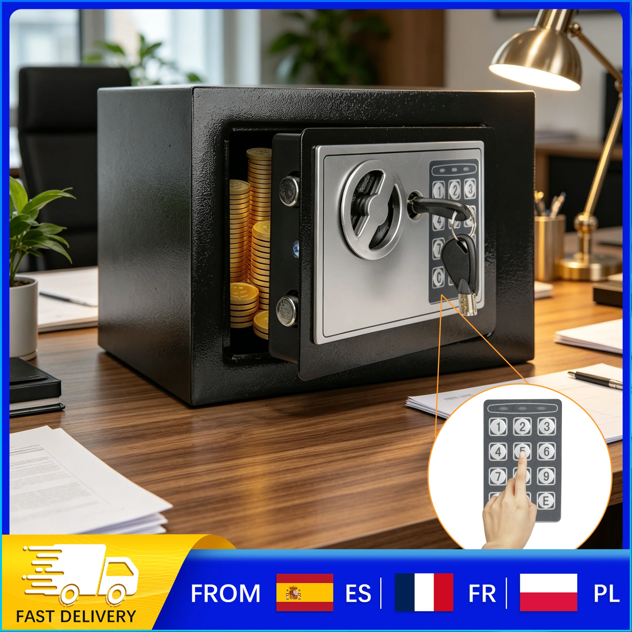 Caja Fuerte Digital Pequeña, Caja de Seguridad Electrónica de 4.6L con Teclado y Llave de Emergencia, Acero Resistente Anticorrosión, Montable en Pared/Suelo para Hogar, Oficina, Hotel, Dinero y Joyas