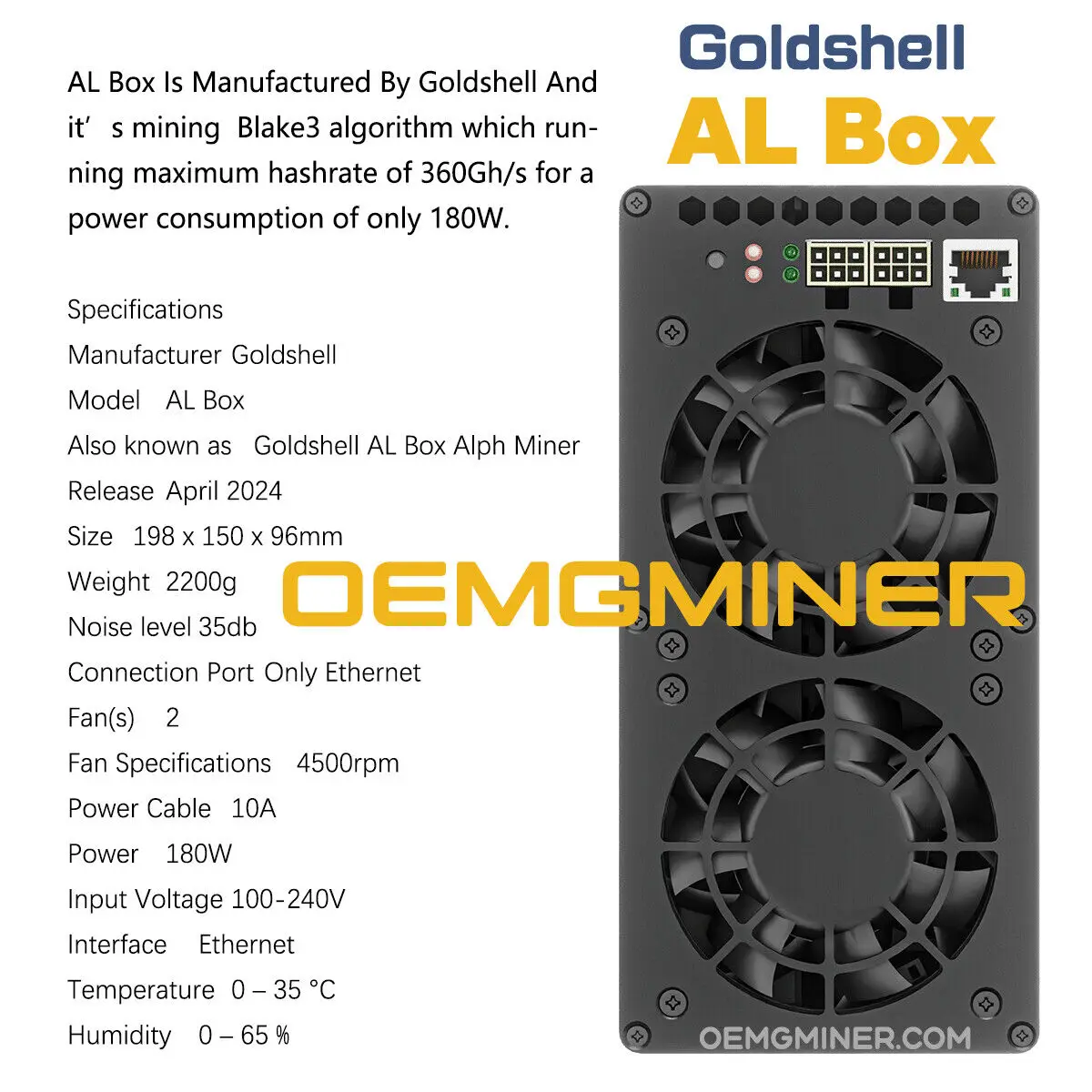 

Ограниченное предложение Ay, новый хешрейт майнера Goldshell AL BOX ALPH 360GH/S 180W с блоком питания