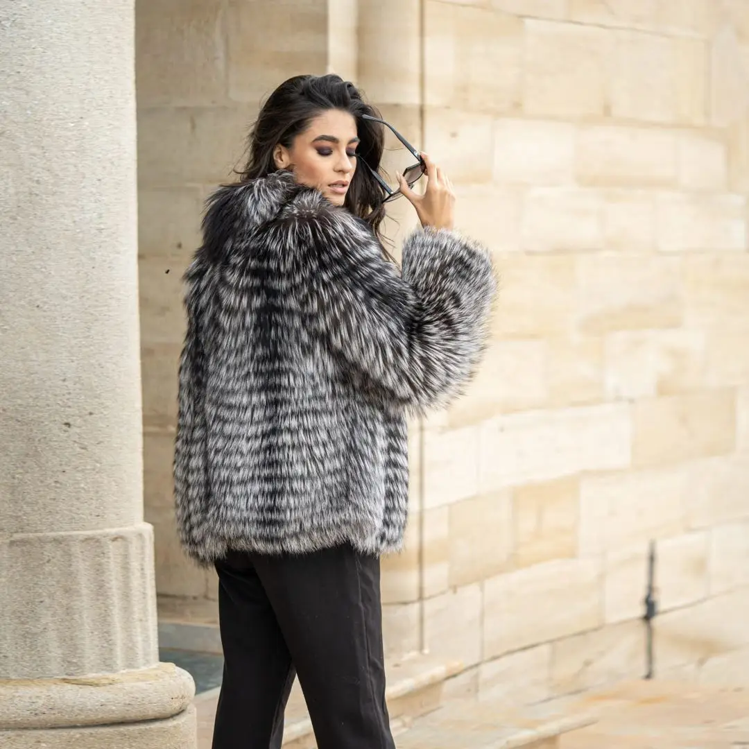 Real Silver Fox Fur Jacket for Women Winter Outwear High Quality Genuine Leather Natural Silver Fox Fur Coats with Stand Collar