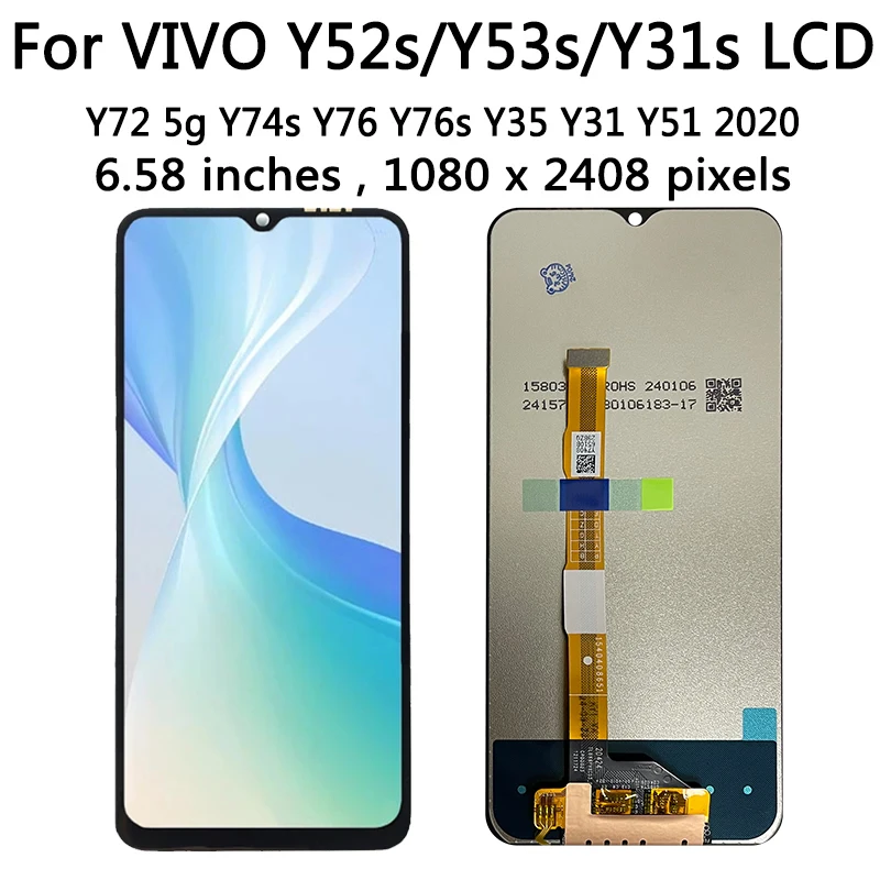 6.58”inch For Vivo Y52s LCD Y53s Y31s Y74s Y76 Y76s Y35 Y31 Y51 2020 Display Touch Screen Digitizer Assembly For Vivo Y72 5G LCD