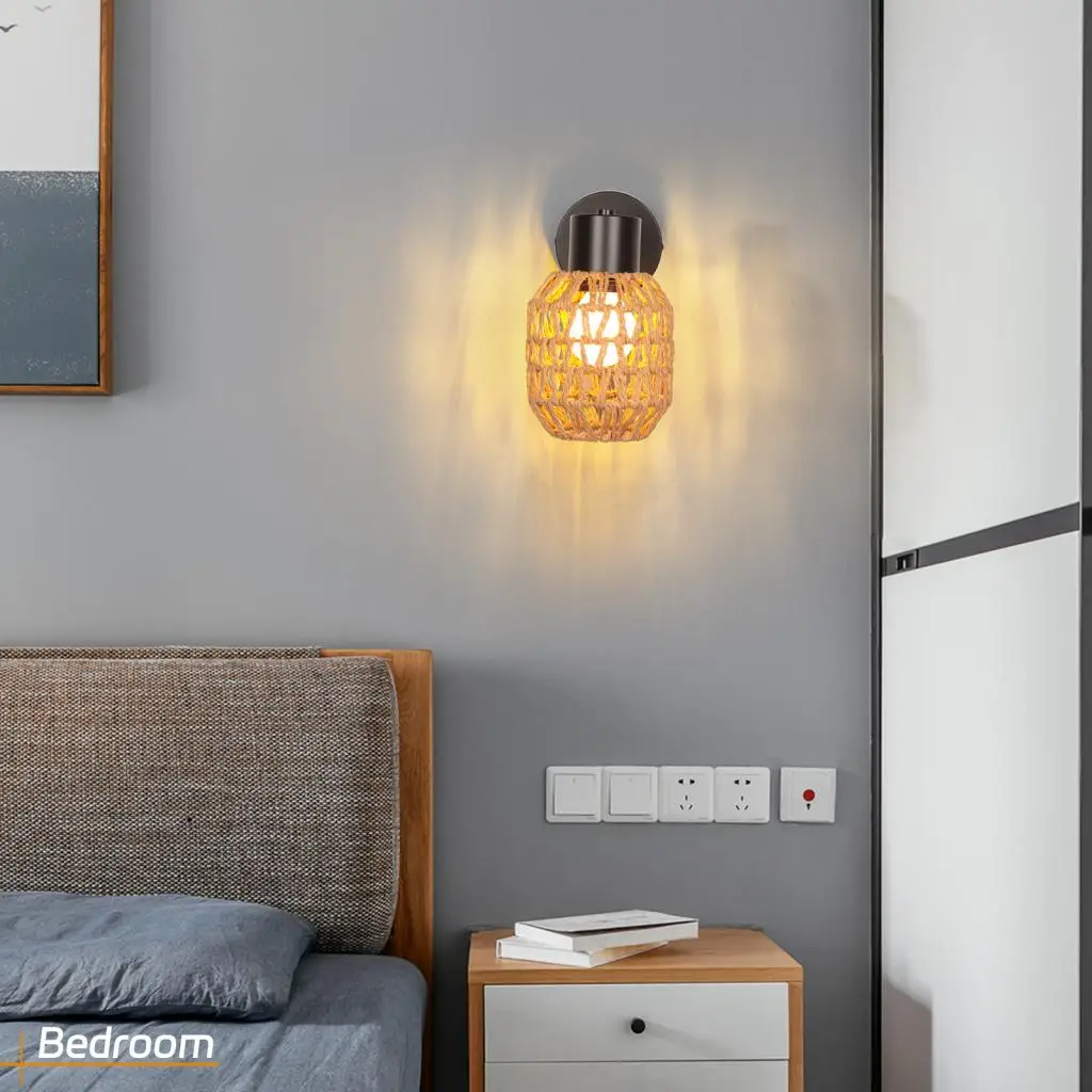 الرجعية حبل القنب المنسوجة الجدار الشمعدان خمر الجدار ضوء الإضاءة الروطان النسيج أباجورة بار غرفة المعيشة غرفة نوم ديكور المنزل E27 #3