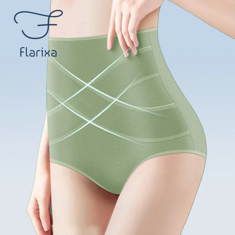 Flarixa Seamless Women High Waist Cotton Panties Cross Tummy Control Underwear Girls Briefs Breathable Solid Color Underpants