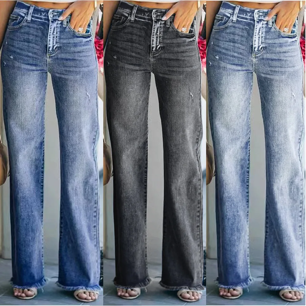 2023 Spring New Women\'s Mid Waist Loose Jeans Fashion Raw Edge Denim Straight Leg Pants Casual Female Trousers S-2XL