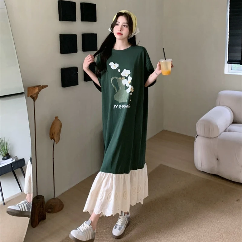 Summer New Korea Woman  T-Shirt Dress Vestidos Robe Elbise Loose Plus Size Irregular Hem Patchwork Short Sleeve Long Dresses