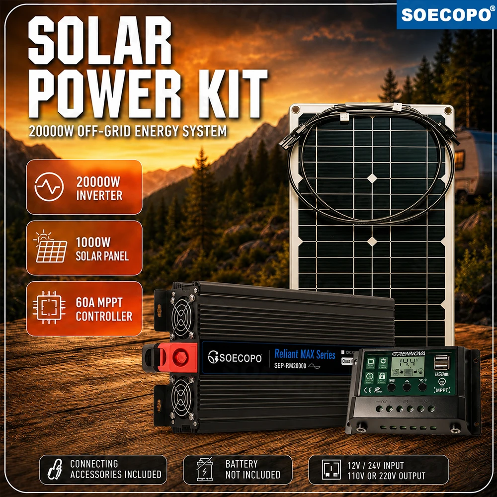 SOECOPO Home Backup Solar System 2000W Rated Power Inverter 1000W Panel Spec 20000W Version for Lights TV Laptop Router