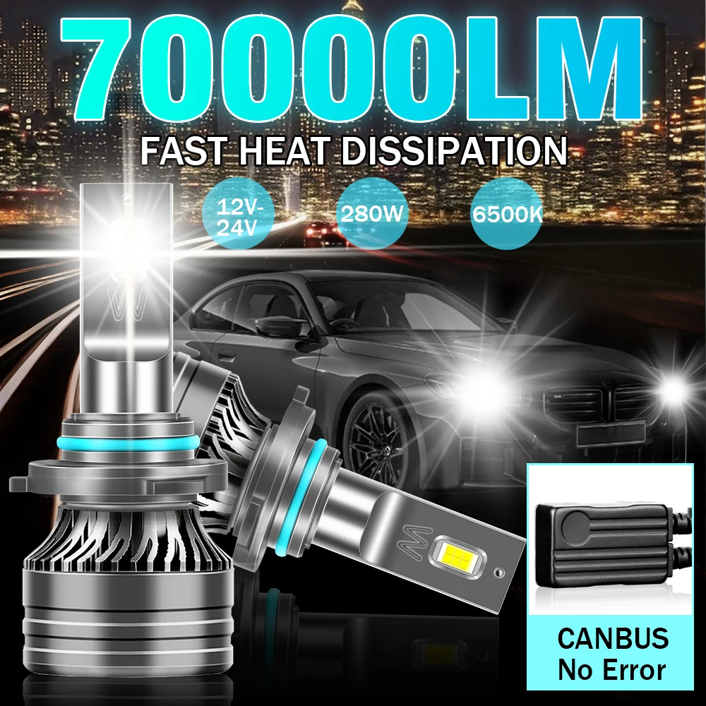 

2 шт. 280 Вт 70000LM 6500K Белая светодиодная лампа CANBUS без ошибок 9005 9006 H1 H4 H7 H11 Мощная лампа для автомобильного освещения