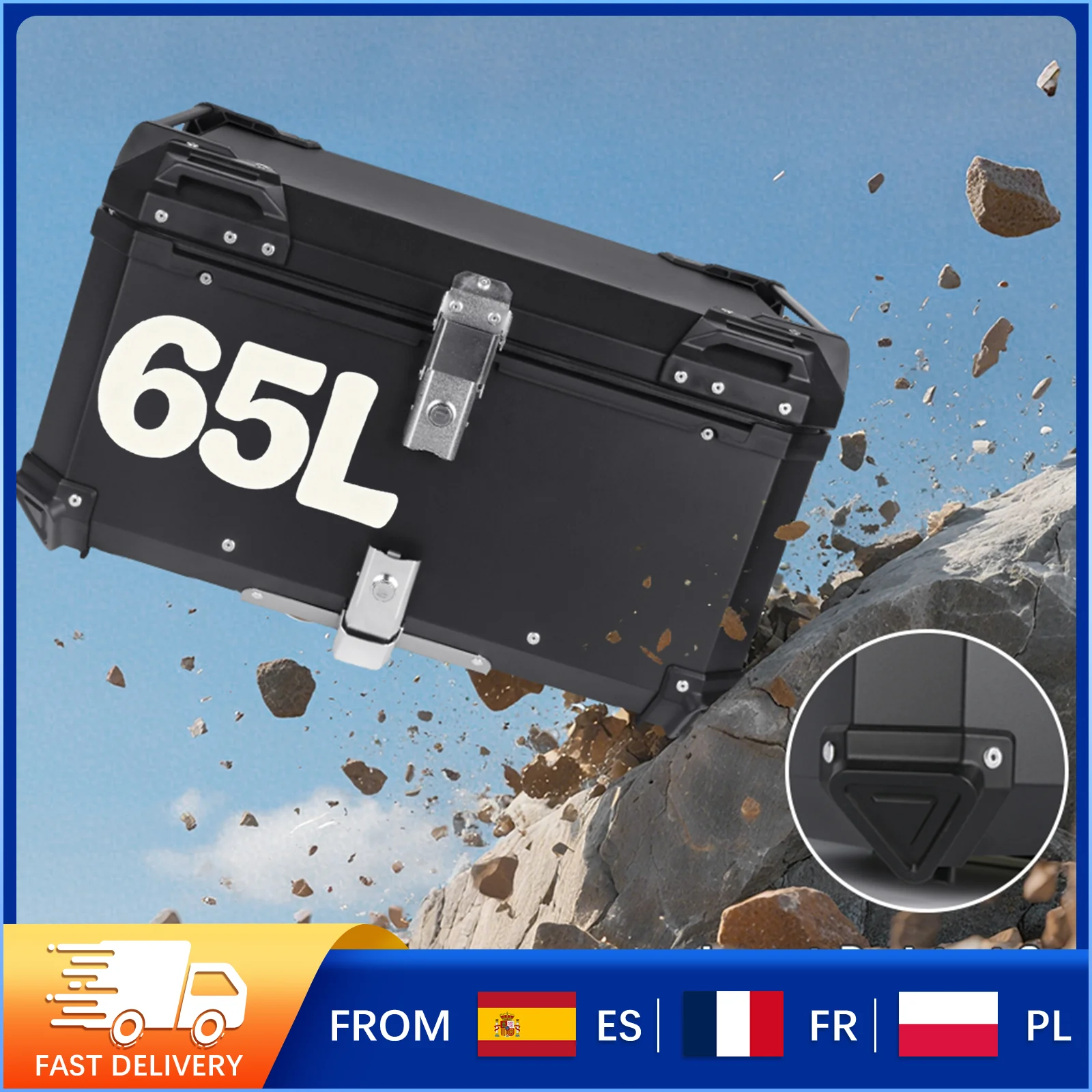 Boîte de rangement arrière pour moto imperméable 65L en alliage d'aluminium avec doublure en cuir, réflecteurs, antivol, durable, ajustement universel