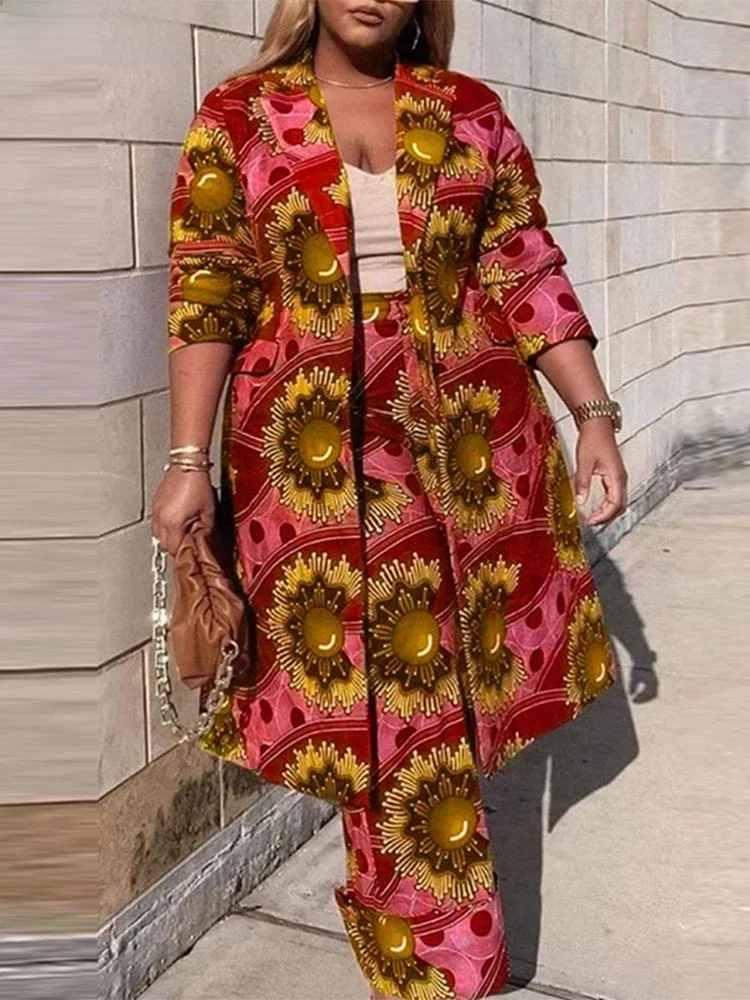 Plus Size VONDA Zestawy damskie dwuczęściowe 2024 Wakacyjne czeskie nadruki Eleganckie stroje z długim rękawem Moda Casual Proste garnitury 2szt — zdjęcie 2