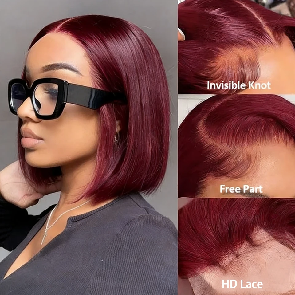 99J Color Bob Wig Human Hair 13x4 HD Lace Frontal Short Straight Lace Front Bob Wigs for Black Women Human Hair Pre Plucked 200% Density Wine Red 99J Burgundy Color 14 Inch - view 3