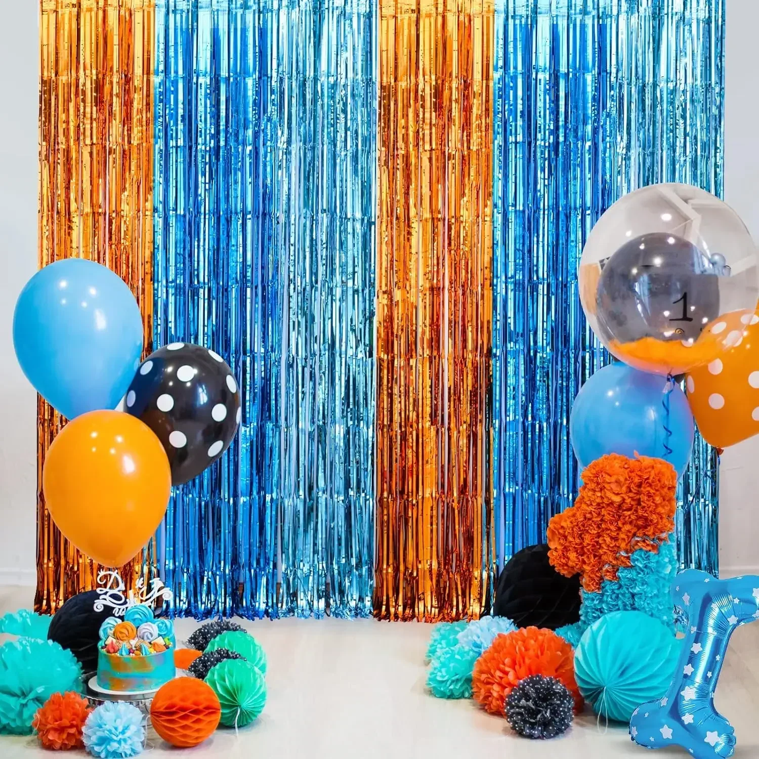 Rideaux à franges en aluminium pour chien, Orange et bleu, fournitures de fête d'anniversaire, toile de fond pour thème sirène sous la mer, décor de fête de révélation du sexe