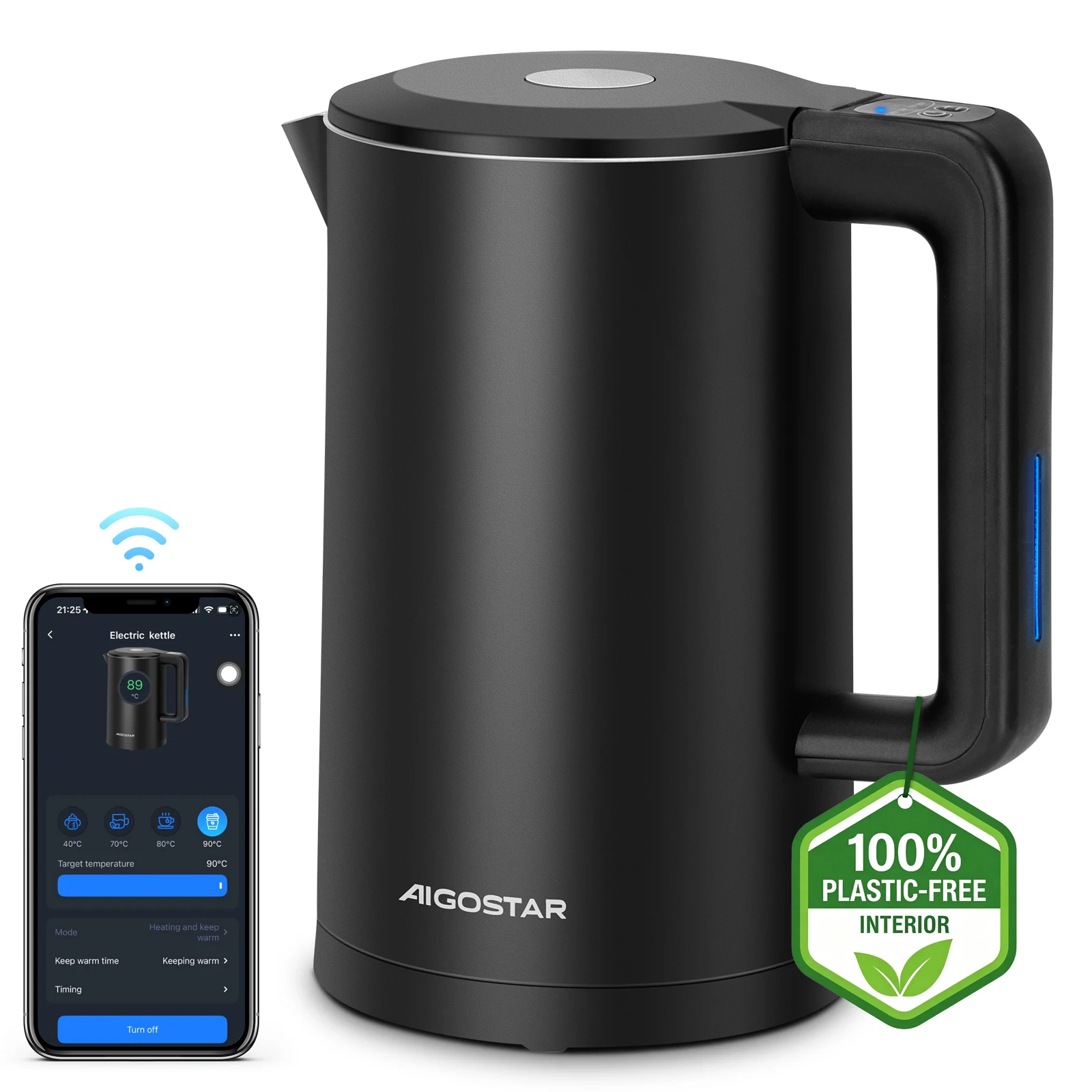 Aigostar Smart Wasserkocher mit Temperatureinstellung 40°C-100°C, WiFi Steuerung Kompatibel zu Alexa, 1,7 L Edelstahl Doppelwand Cool Touch, Leise & Kabellos, Warmhaltefunktion, Schwarz
