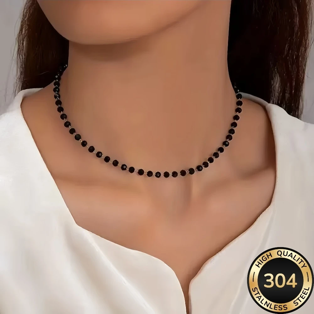 1 piece women's minimalist punk-style black bead necklace, suitable for daily wear or party wear, bohemian style, an exquisite g