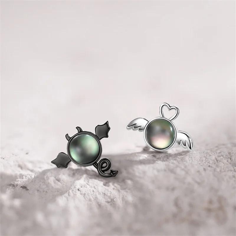 Cute Angels and Demons Stud Earrings Moonstone Heart Stud Earrings for Women Asymmetric Earring Gothic Jewelry Halloween Gift