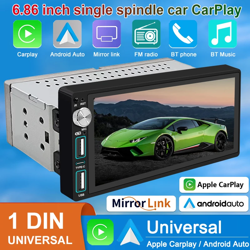 

Universal 1 Din Car Radio 6.86 Inch Touch Screen Multimedia Mp5 Player Carplay Android Auto Bluetooth FM TF USB Rear View Camera